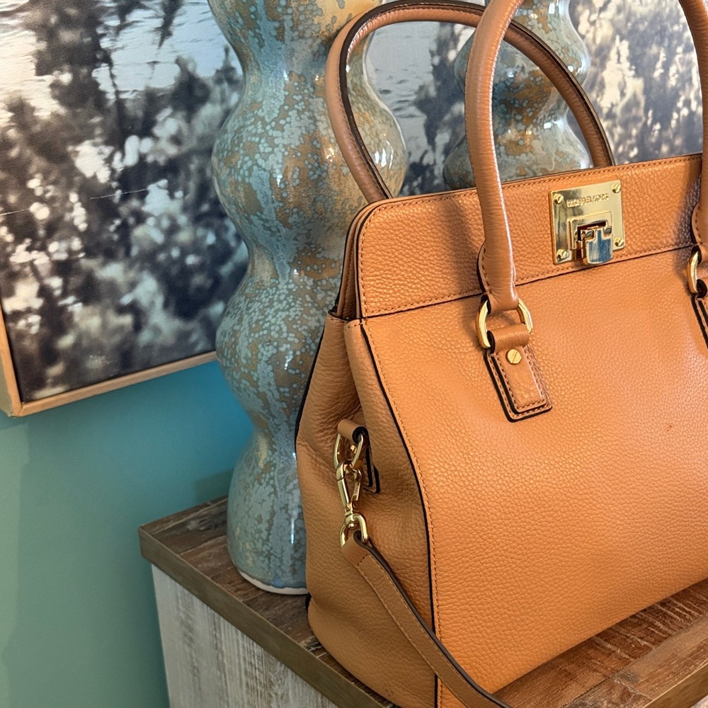 Michael Kors Cognac Leather Satchel with Gold Hardware beautiful - Picture 3 of 11
